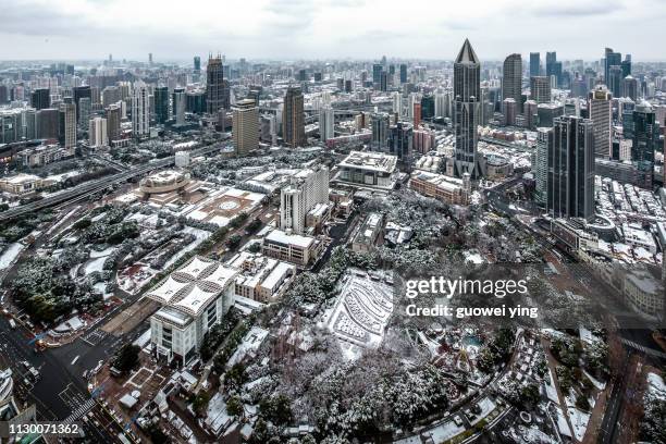 shanghai panoramic skyline under heavy snow - 目的地 foto e immagini stock