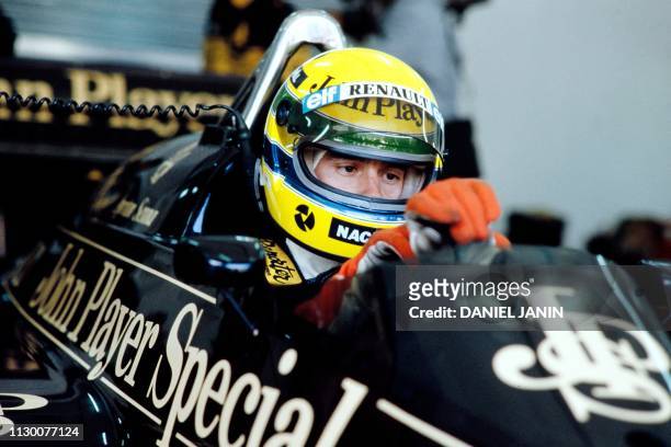 Brazilian Formula One driver Ayrton Senna concentrates aboard his Lotus 97T on April 13, 1986 during the Spanish Grand Prix held at the Jerez circuit.