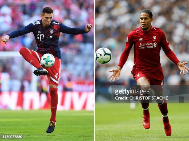 This combination of pictures created on March 11, 2019 shows Bayern Munich's German defender Niklas Suele controling the ball as he warms up for the...