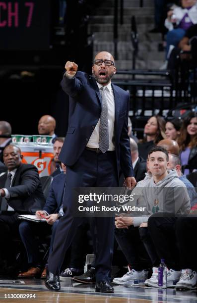 Head coach David Fizdale of the New York Knicks coaches against the Sacramento Kings on March 4, 2019 at Golden 1 Center in Sacramento, California....