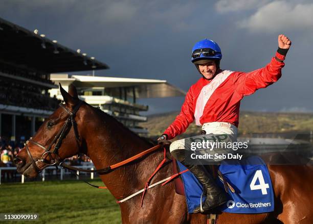 Cheltenham , United Kingdom - 12 March 2019; Jockey Rachael Blackmore celebrates after winning the Close Brothers Novices' Handicap on Chase A Plus...