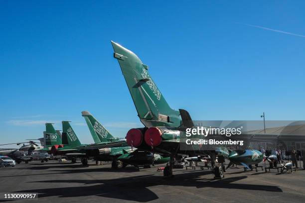 Royal Saudi Air Force Tornado military aircraft stand on the tarmac at the Saudi Air Show at Al Thumamah airport in Riyadh, Saudi Arabia, on Tuesday,...