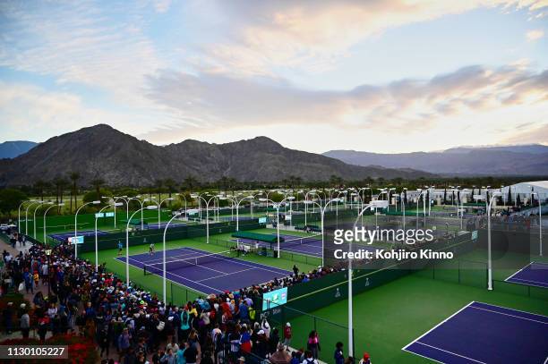 Indian Wells Masters: Scenic, overall view of mountains overlooking Japan Naomi Osaka warming up with coach Jermaine Jenkins before Women's Round of...