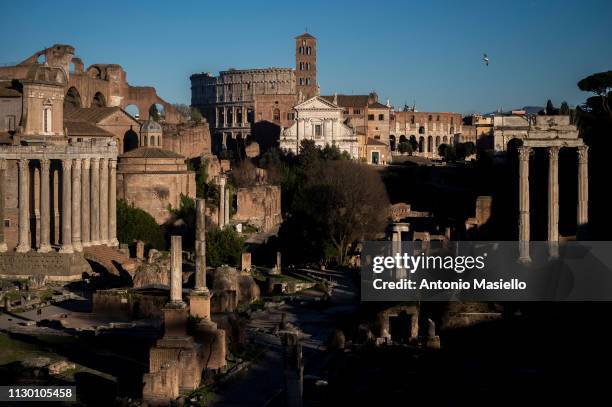Picture shows the ancient Roman Forum ruins and the Colosseum, on March 12, 2019 in Rome, Italy. A new ticket system was introduced in the...