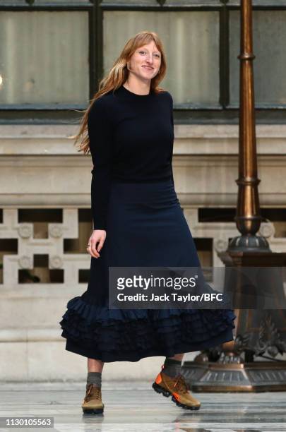Designer Molly Goddard walks the runway during the Molly Goddard show during London Fashion Week February 2019 at the Durbar Court, Foreign and...