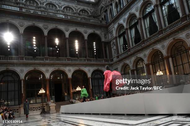 Models walk the runway at the Molly Goddard show during London Fashion Week February 2019 at the Durbar Court, Foreign and Commonwealth Office on...