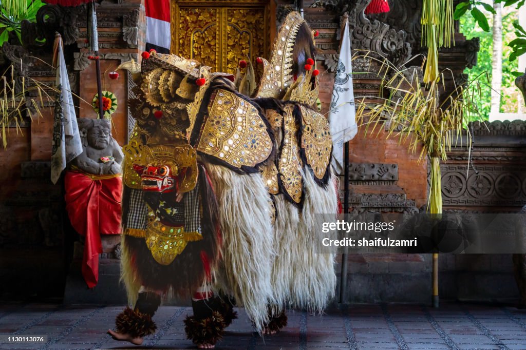 Actors from Sahadewa Kecak & Fire Dance at Batubulan, Sukawati, Gianyar, Bali  perform  a Barongan, a traditional dance in the mythology of Bali.