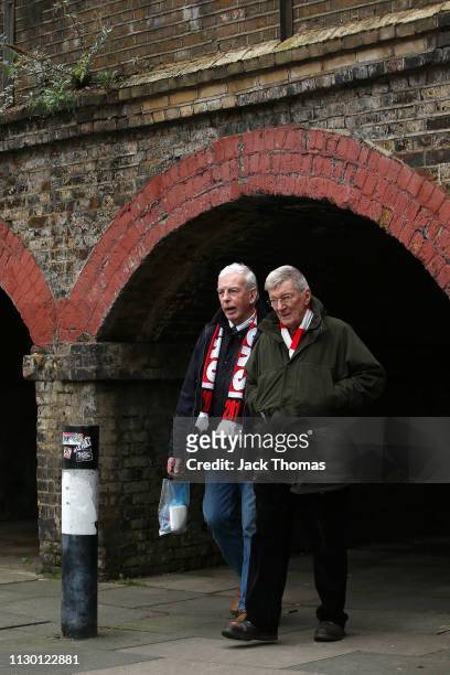Fans arrive at the stadium prior to the Sky Bet League One match between Charlton Athletic and Blackpool at The Valley on February 16, 2019 in...