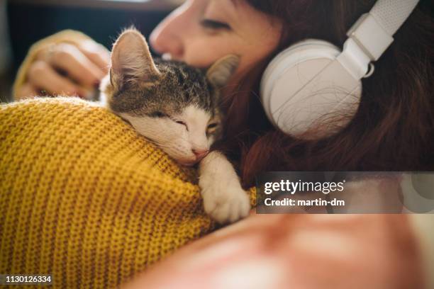 fille détendue avec chat à la maison - cute animals cuddling photos et images de collection