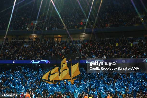 Manchester City fans show their support prior to the UEFA Champions League Round of 16 Second Leg match between Manchester City v FC Schalke 04 at...