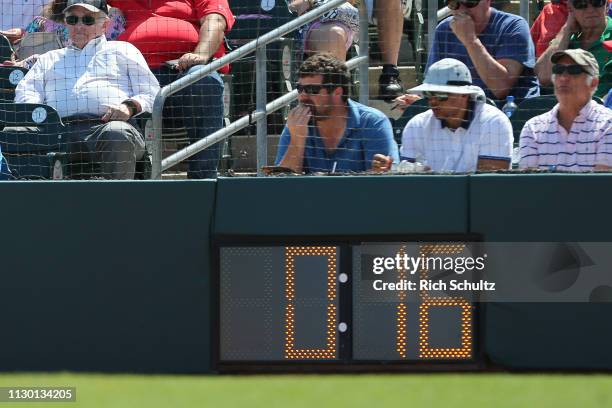 The pitch clock at Roger Dean Stadium during a spring training baseball game between the New York Mets and Miami Marlins on March 12, 2019 in...