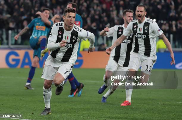 Cristiano Ronaldo of Juventus celebrates his third goal during the UEFA Champions League Round of 16 Second Leg match between Juventus and Club de...