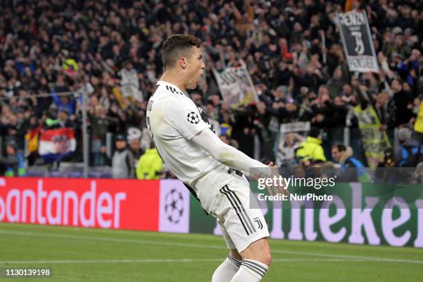 Cristiano Ronaldo of Juventus FC celebrate a victory at the end of the UEFA Champions League Round of 16 Second Leg match between Juventus FC and...