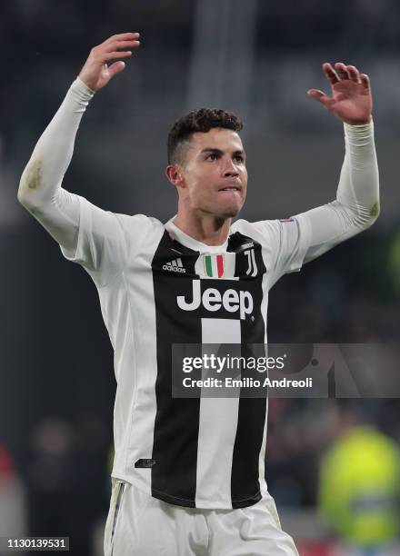 Cristiano Ronaldo of Juventus celebrates the victory at the end of the UEFA Champions League Round of 16 Second Leg match between Juventus and Club...
