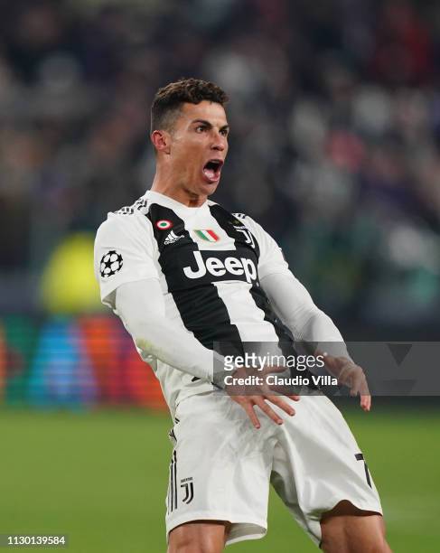 Cristiano Ronaldo of Juventus celebrates at the end of the the UEFA Champions League Round of 16 Second Leg match between Juventus and Club de...