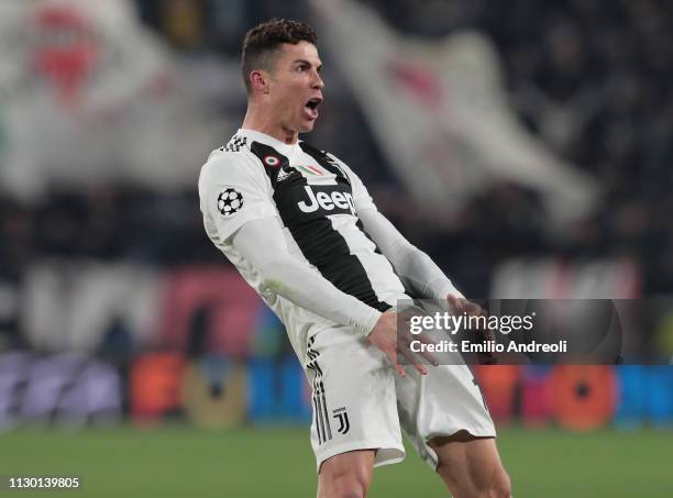 Cristiano Ronaldo of Juventus celebrates the victory at the end of the UEFA Champions League Round of 16 Second Leg match between Juventus and Club...