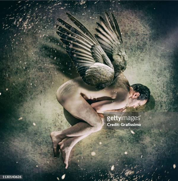 icarus man lying in fetal position with broken wings naked on the floor - icarus stock pictures, royalty-free photos & images
