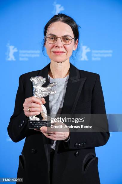 Angela Schanelec, winner of the Silver Bear for Best Director for "I Was at Home, But" poses backstage at the closing ceremony of the 69th Berlinale...