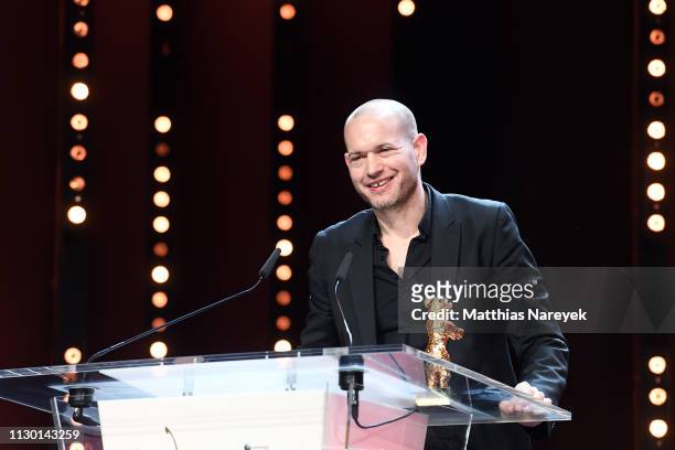 Director Nadav Lapid, winner of the Golden Bear for Best Film for "Synonymes" is seen on stage at the closing ceremony of the 69th Berlinale...
