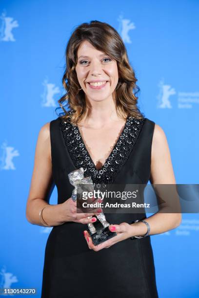 Nora Fingscheidt, winner of the Silver Bear Alfred Bauer Prize for a feature film that opens new perspectives for "System Crasher" poses backstage at...