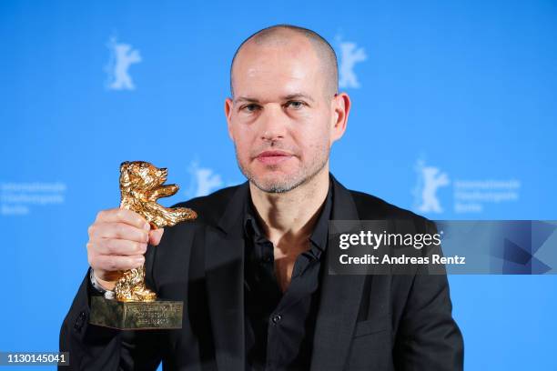 Nadav Lapid, winner of the Golden Bear for Best Film for "Synonymes", poses backstage at the closing ceremony of the 69th Berlinale International...