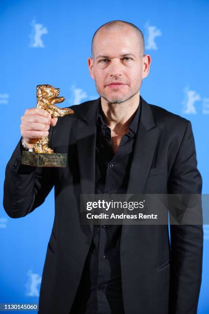 Nadav Lapid, winner of the Golden Bear for Best Film for "Synonymes", poses backstage at the closing ceremony of the 69th Berlinale International...