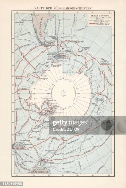 antarctica map with sea routes of various explorers, lithograph, 1897 - south pole stock illustrations