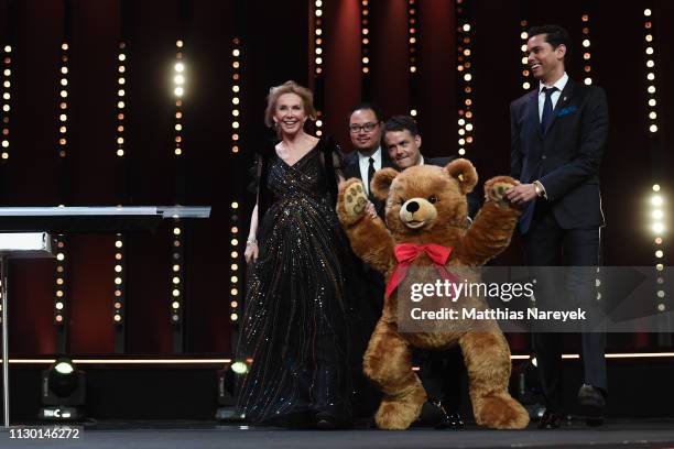 Big stuffed bear is seen on stage with jury members Trudie Styler, Justin Chang, Sebastián Lelio and Rajendra Roy at the closing ceremony of the 69th...