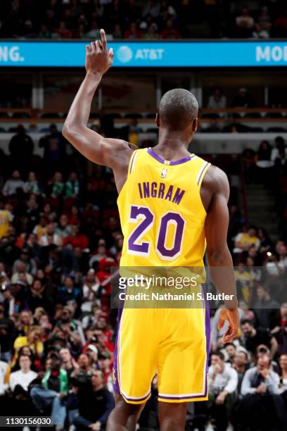Andre Ingram of the Los Angeles Lakers reacts against the Chicago Bulls on March 12, 2019 at the United Center in Chicago, Illinois. NOTE TO USER:...
