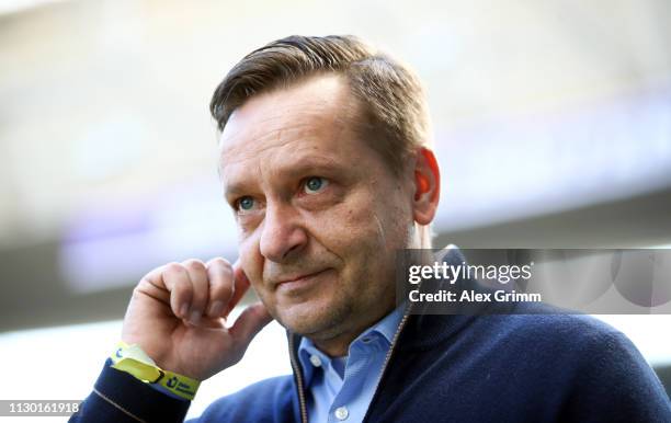 Sports director Horst Heldt of Hannover looks on prior to the Bundesliga match between TSG 1899 Hoffenheim and Hannover 96 at PreZero-Arena on...