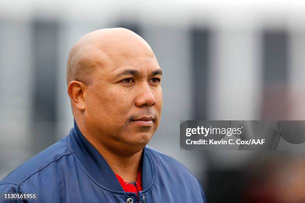 Former NFL player Hines Ward watches action prior to an Alliance of American Football game between the Birmingham Iron and the Salt Lake Stallions at...