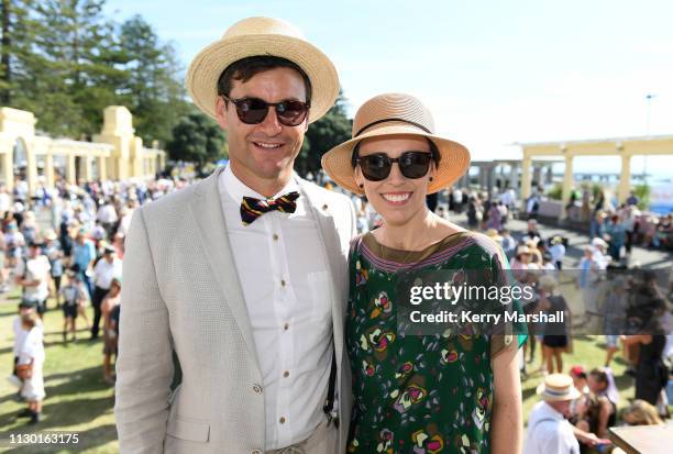 Clarke Gayford and Jacinda Ardern pose for a photograph during the Art Deco Festival on February 17, 2019 in Napier, New Zealand. The annual five day...