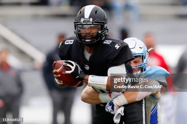 Karter Schult of Salt Lake Stallions sacks Keith Price of Birmingham Iron on a two point conversion attempt during an Alliance of American Football...