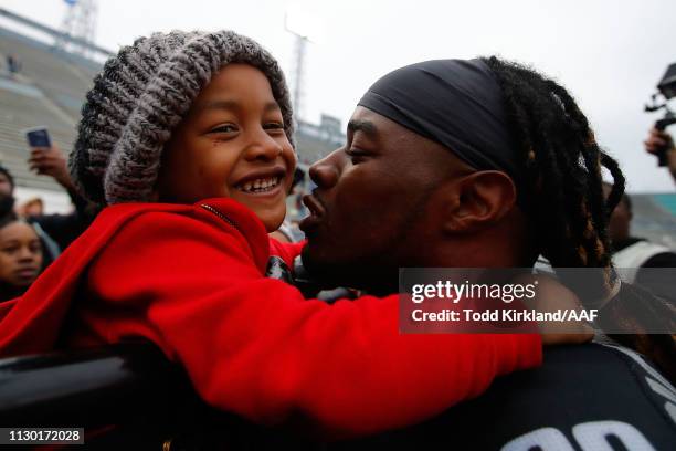 Trent Richardson of the Birmingham Iron greets fans following an Alliance of American Football game at Legion Field against the Salt Lake Stallions...