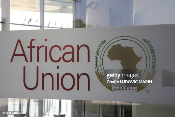 The logo of the African Union is seen at the entrance of the AU headquarters on March 13 in Addis Ababa.