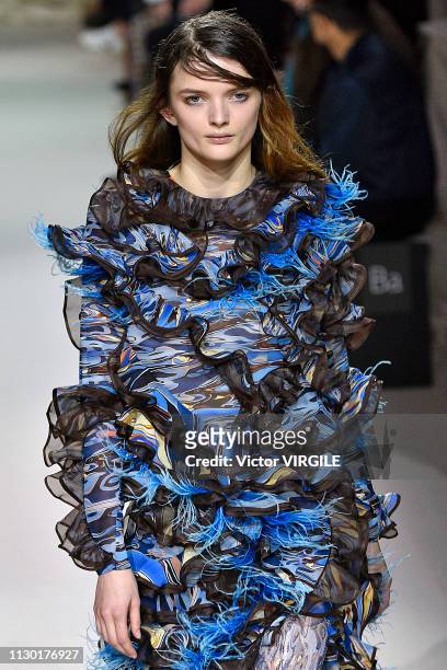 Model walks the runway at the Mary Katrantzou Ready to Wear Fall/Winter 2019-2020 fashion show during London Fashion Week February 2019 on February...
