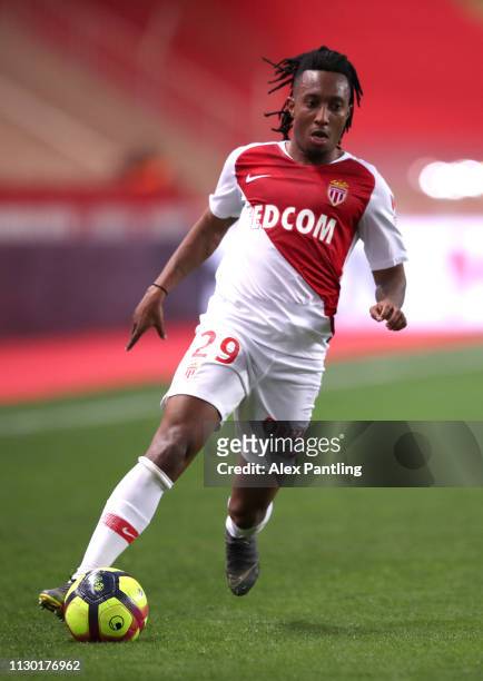 Gelson Martins of Monaco runs with the ball during the Ligue 1 match between AS Monaco and FC Nantes at Stade Louis II on February 16, 2019 in...