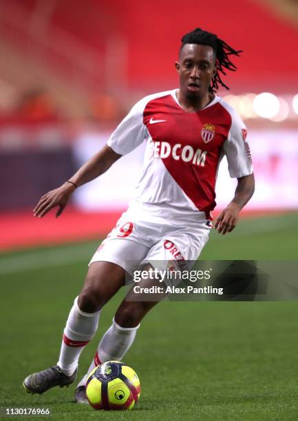 Gelson Martins of Monaco runs with the ball during the Ligue 1 match between AS Monaco and FC Nantes at Stade Louis II on February 16, 2019 in...
