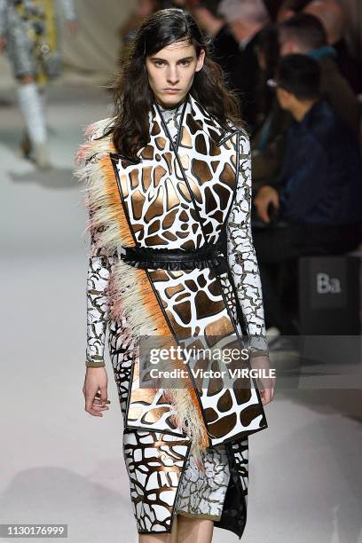 Model walks the runway at the Mary Katrantzou Ready to Wear Fall/Winter 2019-2020 fashion show during London Fashion Week February 2019 on February...