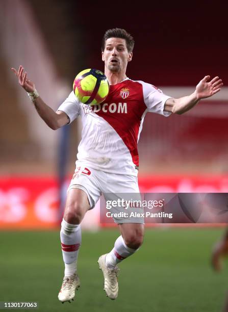 Adrien Silva of Monaco controls the ball during the Ligue 1 match between AS Monaco and FC Nantes at Stade Louis II on February 16, 2019 in Monaco,...