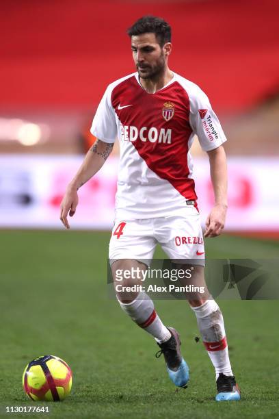 Cesc Fabregas of Monaco runs with the ball during the Ligue 1 match between AS Monaco and FC Nantes at Stade Louis II on February 16, 2019 in Monaco,...