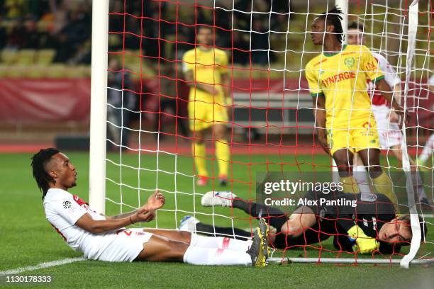 Gelson Martins of Monaco celebrates scoring his sides first goal during the Ligue 1 match between AS Monaco and FC Nantes at Stade Louis II on...