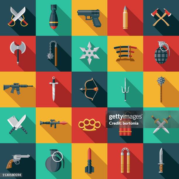ilustraciones, imágenes clip art, dibujos animados e iconos de stock de conjunto de iconos de armas - bala munición