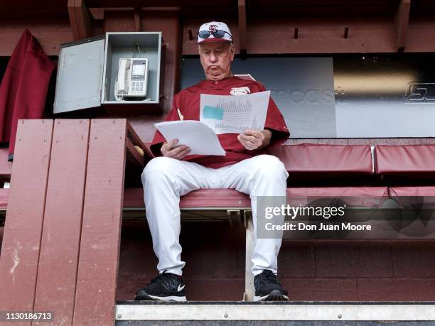 Coach Mike Martin of the Florida State Seminoles in the dugout during the game against the Maine Black Bears at Dick Howser Stadium on the campus of...