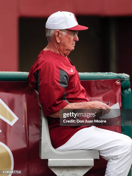 Coach Mike Martin of the Florida State Seminoles in the dugout during the game against the Maine Black Bears at Dick Howser Stadium on the campus of...