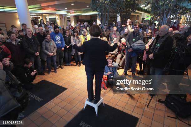 Senator Amy Klobuchar speaks to the overflow crowd following a campaign stop at Lorados on February 16, 2019 in Mason City, Iowa. The stop was her...