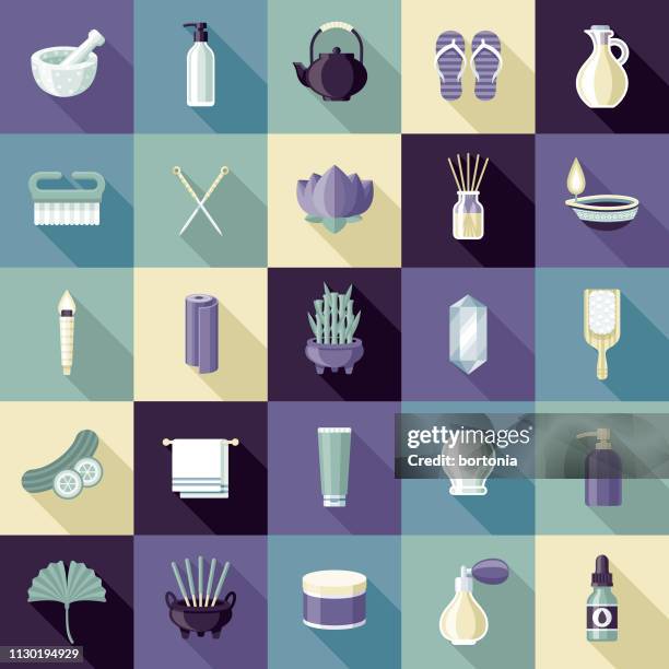 ilustraciones, imágenes clip art, dibujos animados e iconos de stock de conjunto de iconos de spa - aceites esenciales