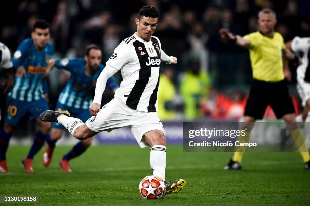 Cristiano Ronaldo of Juventus FC scores a goal on penalty kick during UEFA Champions League Round of 16 second leg football match between Juventus FC...
