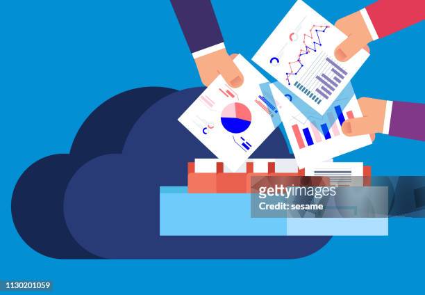 businessman uploads and downloads files from the cloud - filing cabinet stock illustrations