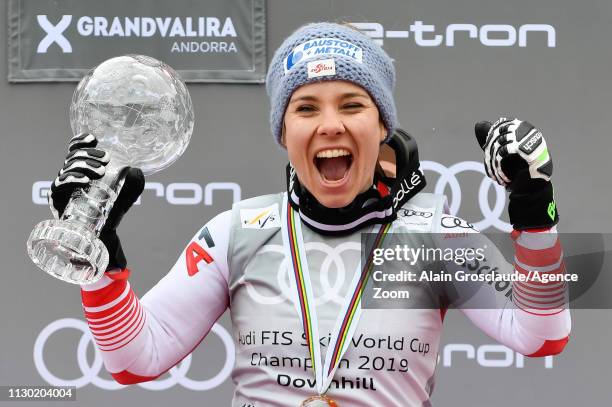 Nicole Schmidhofer of Austria takes 1st place in the overall standings during the Audi FIS Alpine Ski World Cup Men's and Women's Downhill on March...